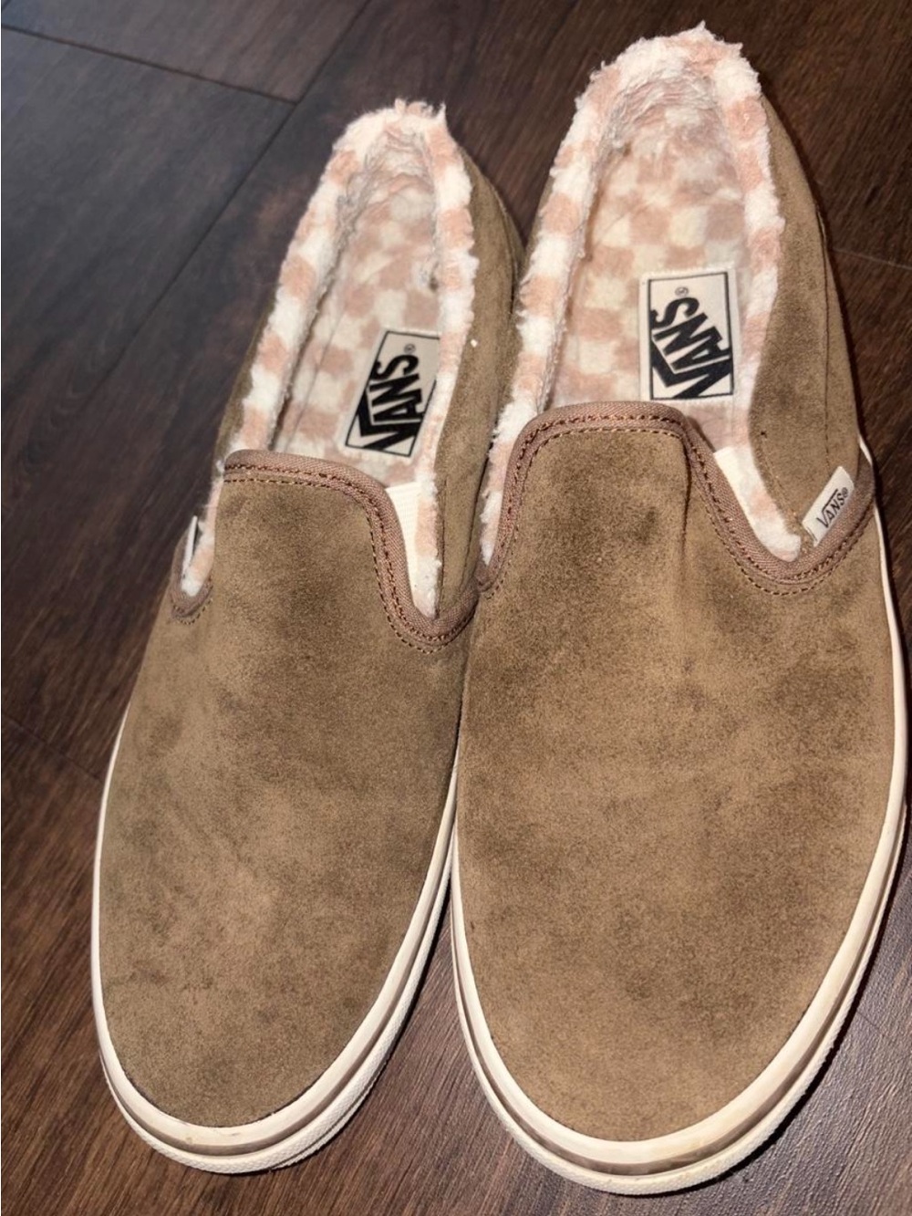 Vans Women’s Slip-On Suede Sneakers in Brown with Pink Lining